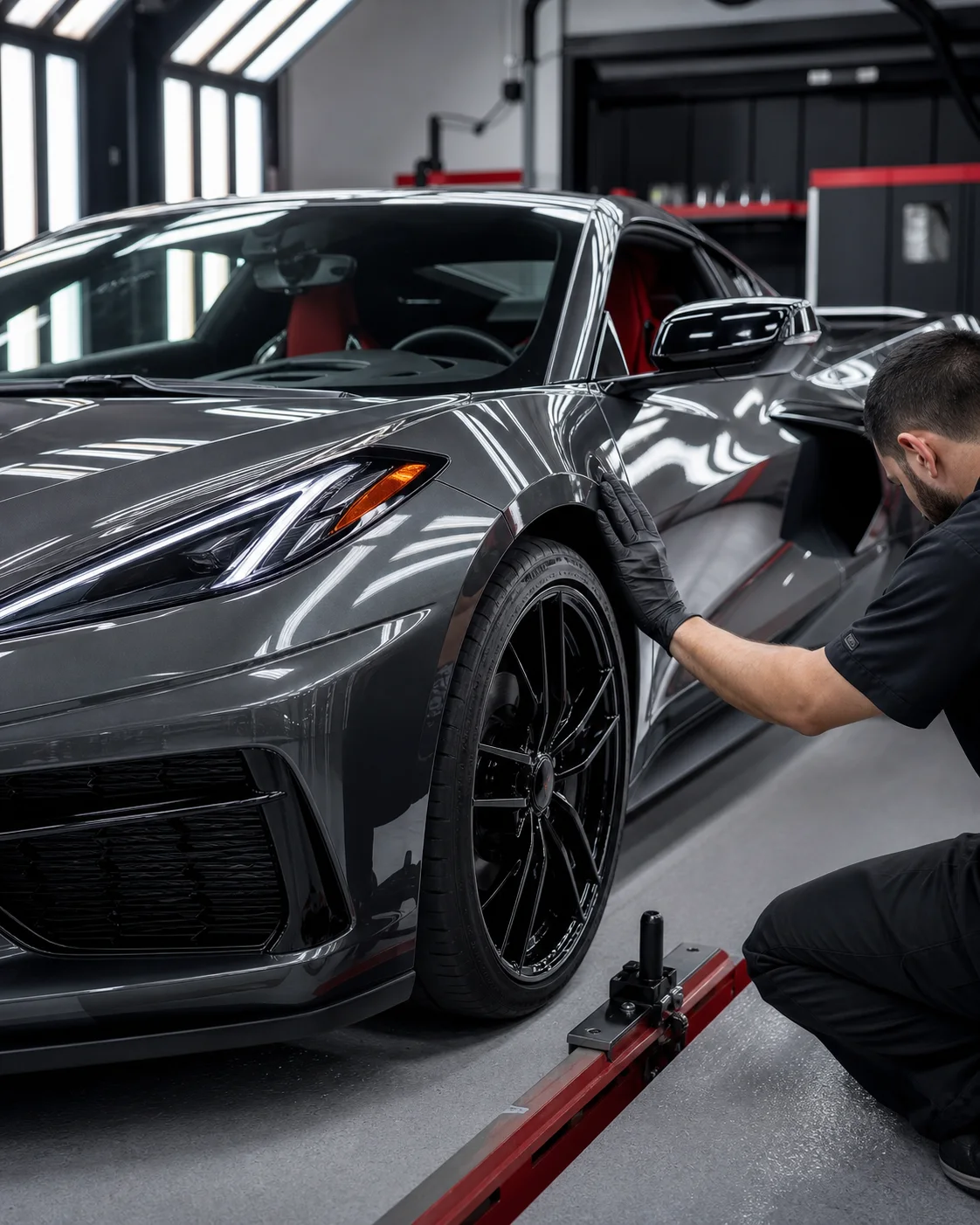 Technician inspecting Chevrolet Corvette C8 body alignment
